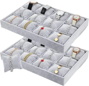 storage Display Holder Adjustable Pillow (Gray) 2 Pcs Velvet Watch Tray Jewelry Organizer, 12 Grid Stackable Velvet Watch Tray, Watch Display Trays Watch Bracelet Bangle 