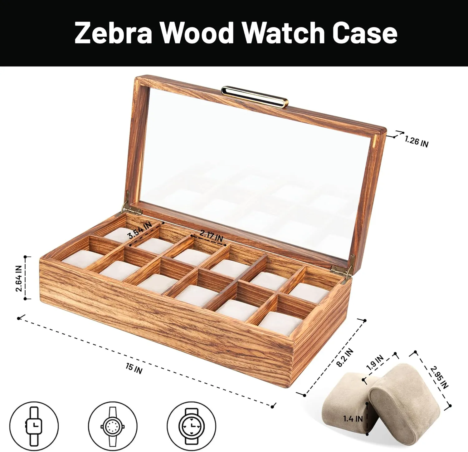 Storage Solution assert leg classical racing composition Zebra Wood Watch Case for Men, 12-Slot Watch Box With Glass Lid & Watch Pillows, Watch Holder, Watch Display Case, Watch Box Organizer, Watch 