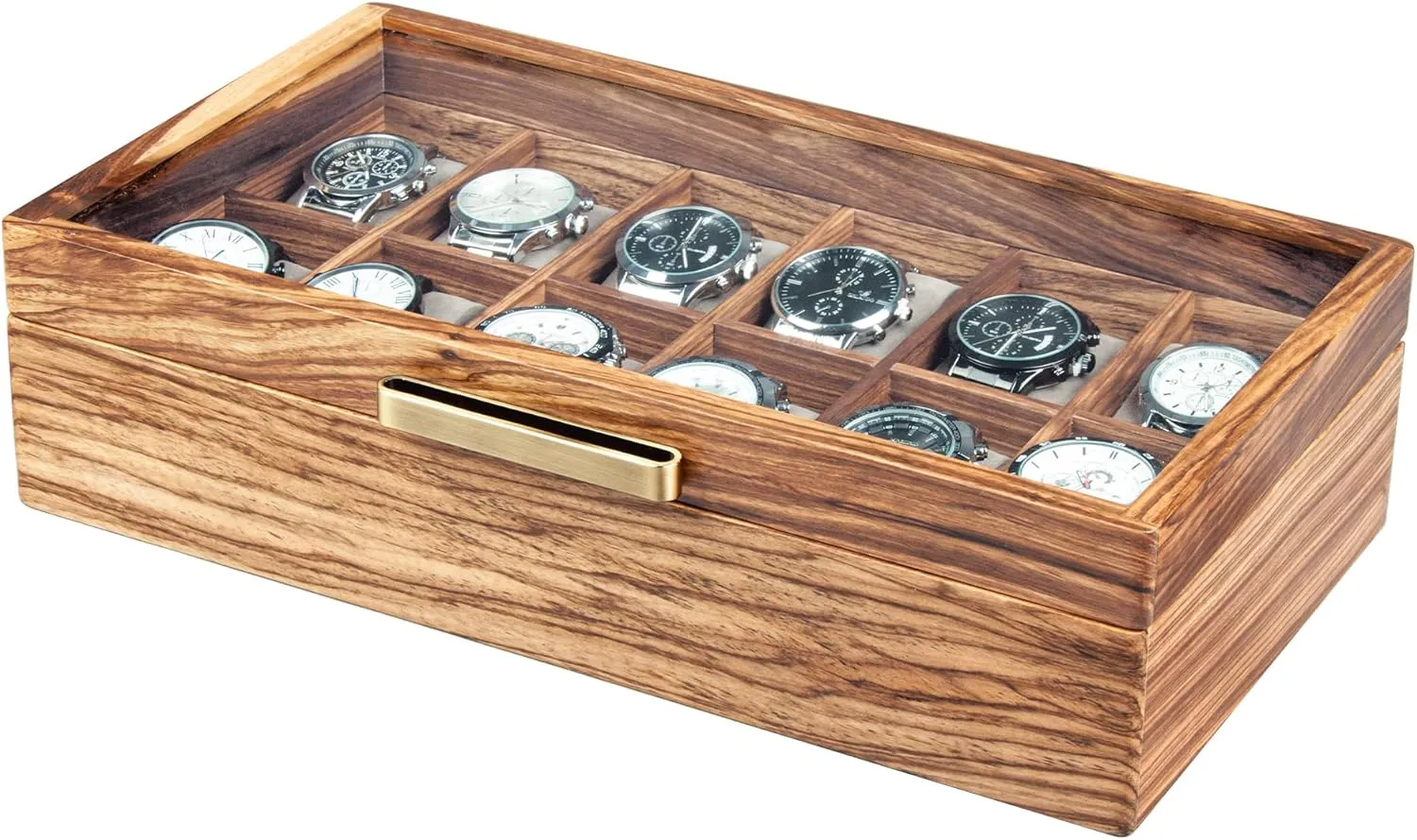 Storage Solution assert leg classical racing composition Zebra Wood Watch Case for Men, 12-Slot Watch Box With Glass Lid & Watch Pillows, Watch Holder, Watch Display Case, Watch Box Organizer, Watch 