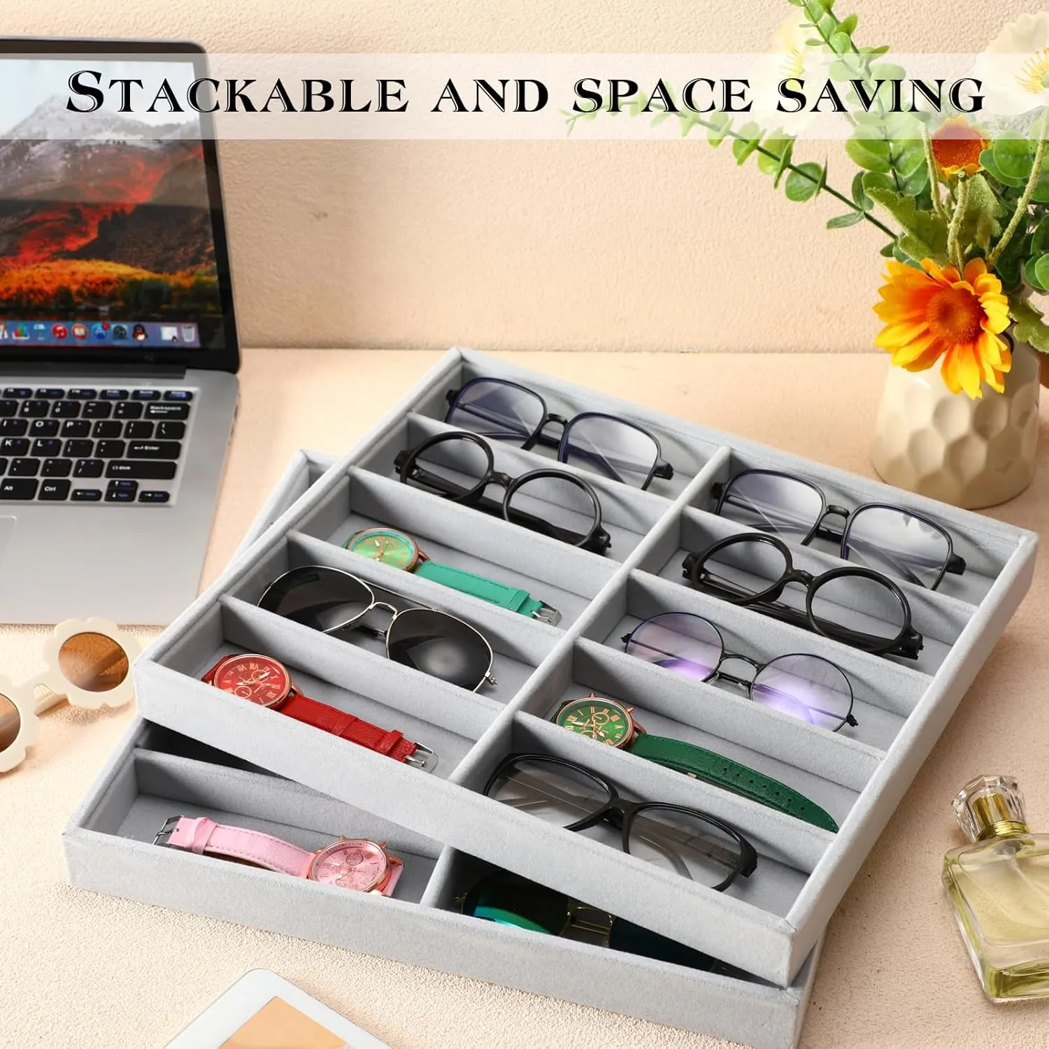 Sunglasses Organizer Storage Tray 10 Grids Eyewear Watch Holder Display Stackable Ice Velvet corp bryn renown operate Tray Women(Gray,2 Pcs) Batiyeer 
