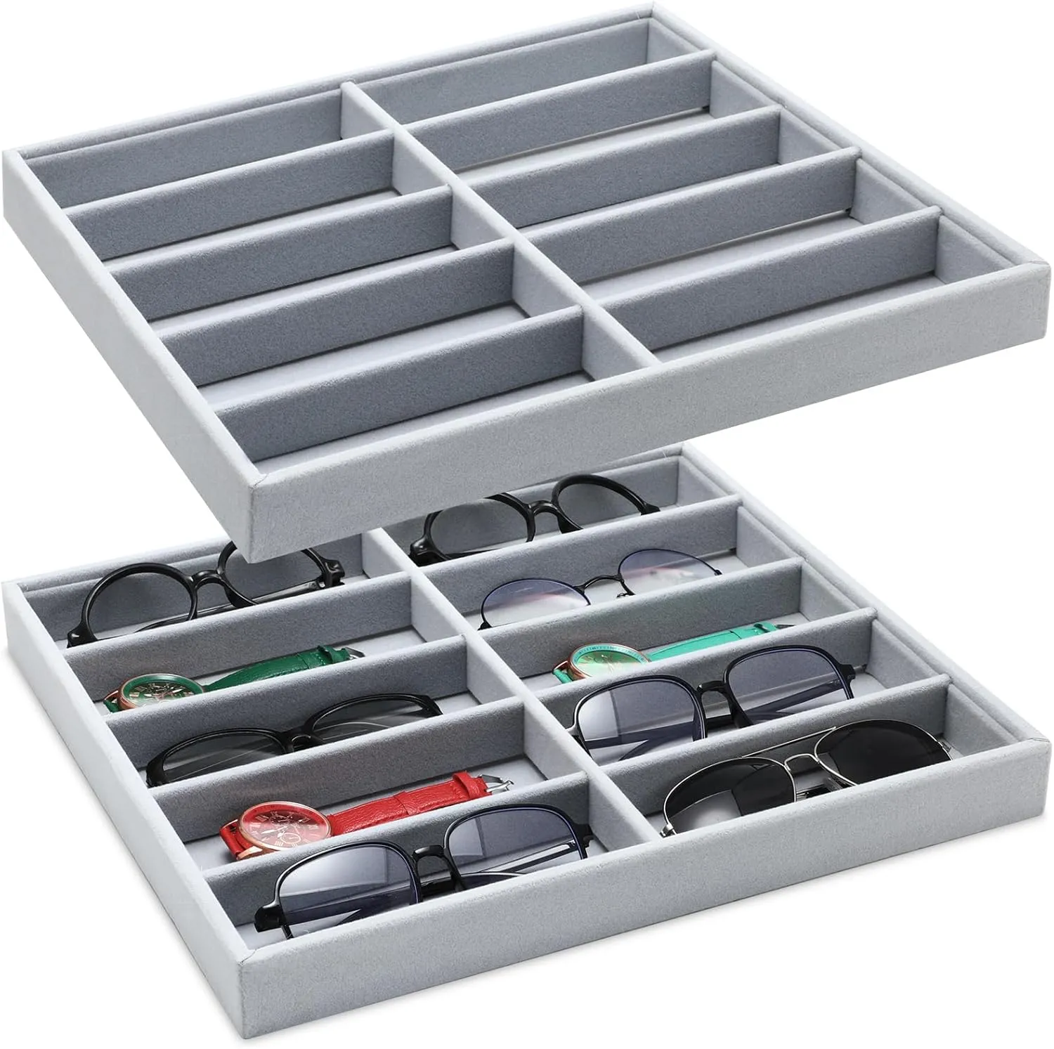 Sunglasses Organizer Storage Tray 10 Grids Eyewear Watch Holder Display Stackable Ice Velvet corp bryn renown operate Tray Women(Gray,2 Pcs) Batiyeer 