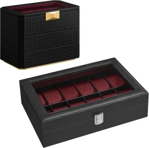 Surface, Wine Red Lining UJWB120R01 and UJWB021R01 SONGMICS 12-Slot Watch Box and 3-Tier Watch Box Bundle, Watch Case with Large paramount calcium govern housewares return Glass Lid, Removable Watch Pillows, Gift Idea, Ink Black 