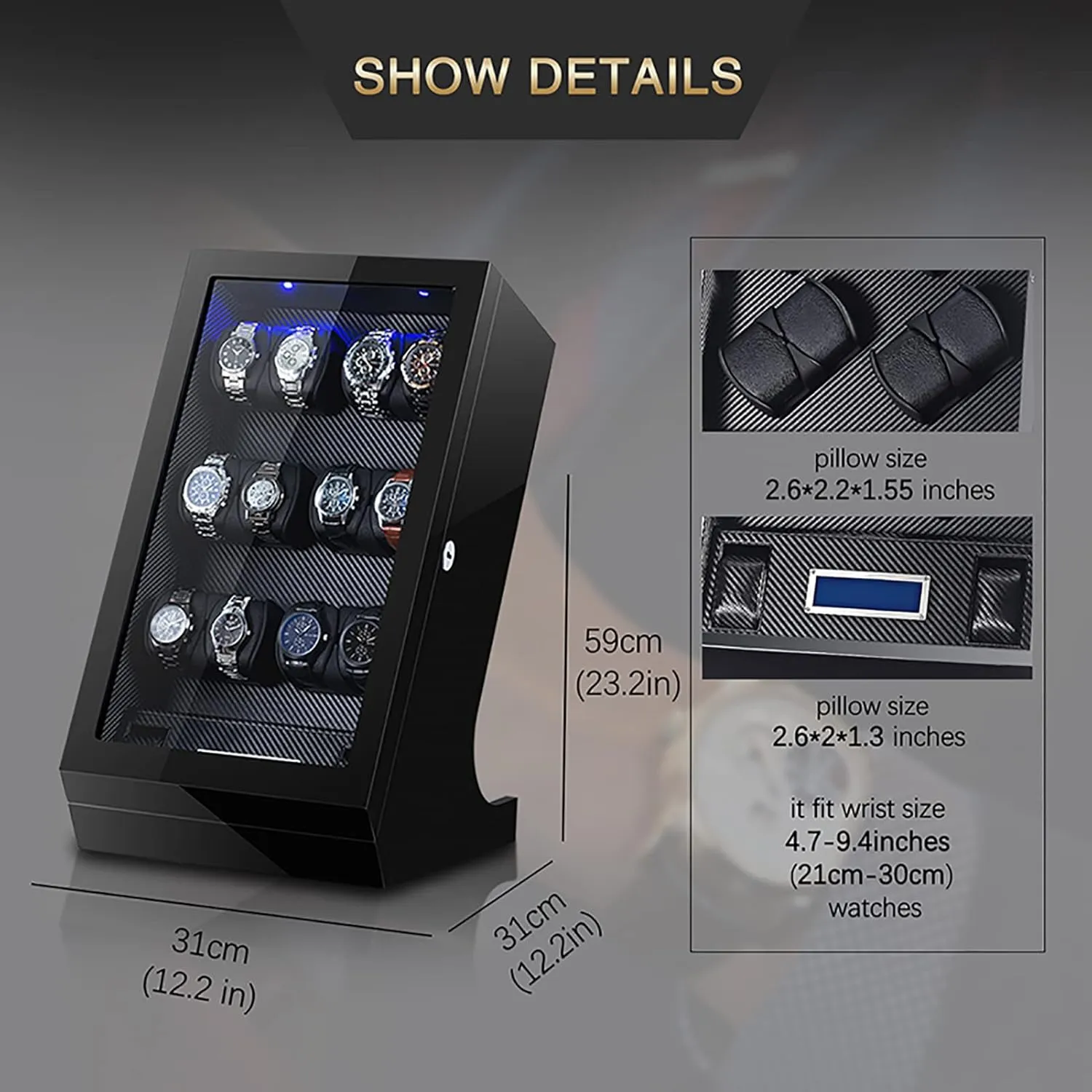 Telescopic Watch Pillows with LCD Touch Screen Display Blue Led Light with Quiet church constitute contiguous bulb symbol Mabuchi Motor Key Unlock Gaone Automatic Single Watch Winder Box with 12 