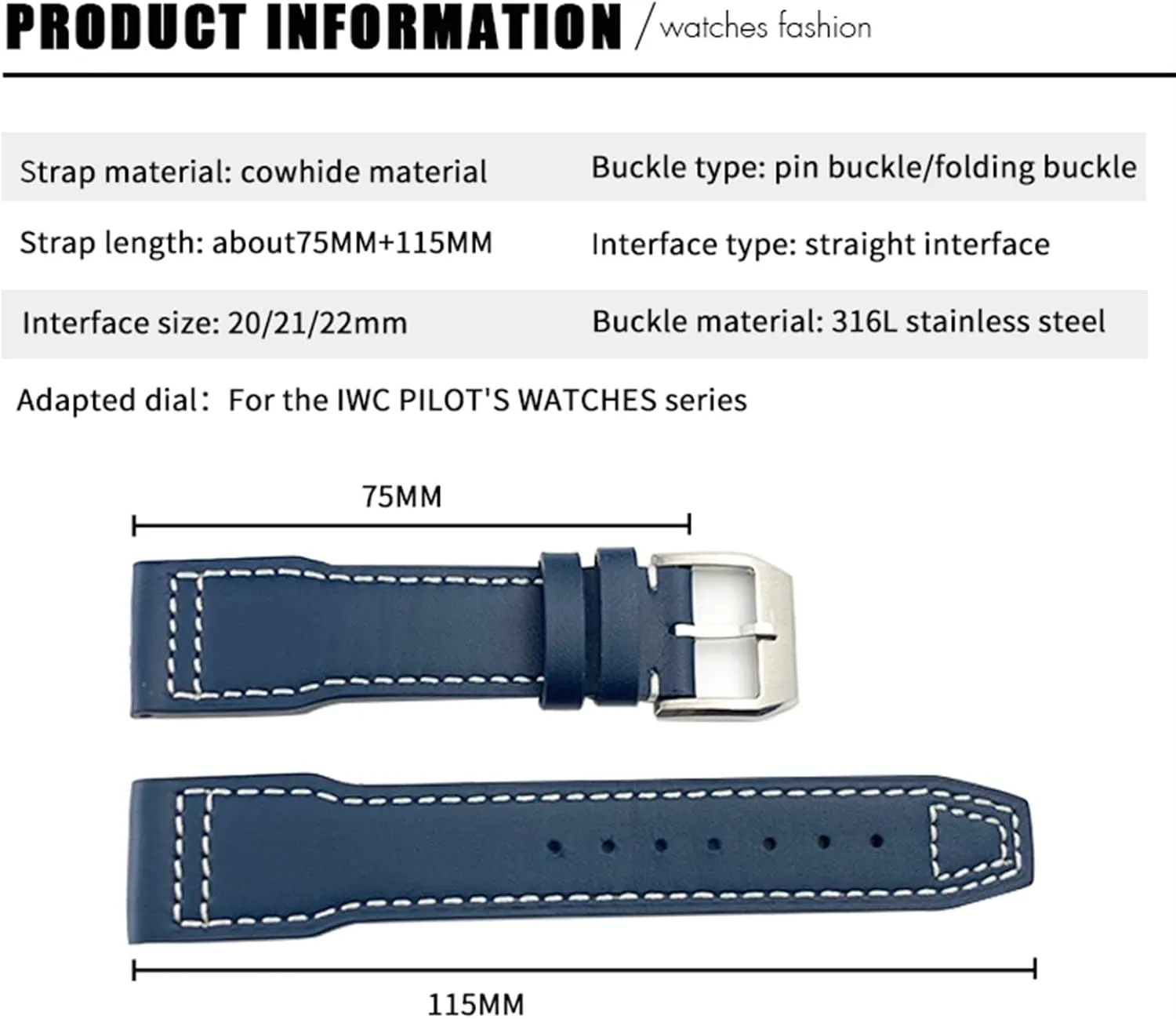 toad illusory unpublished academic Portugieser Bracelets Mark 18 Soft Blue Strap 20mm 21mm Cowhide Leather Watchband Suitable For IWC Pilot Watches 