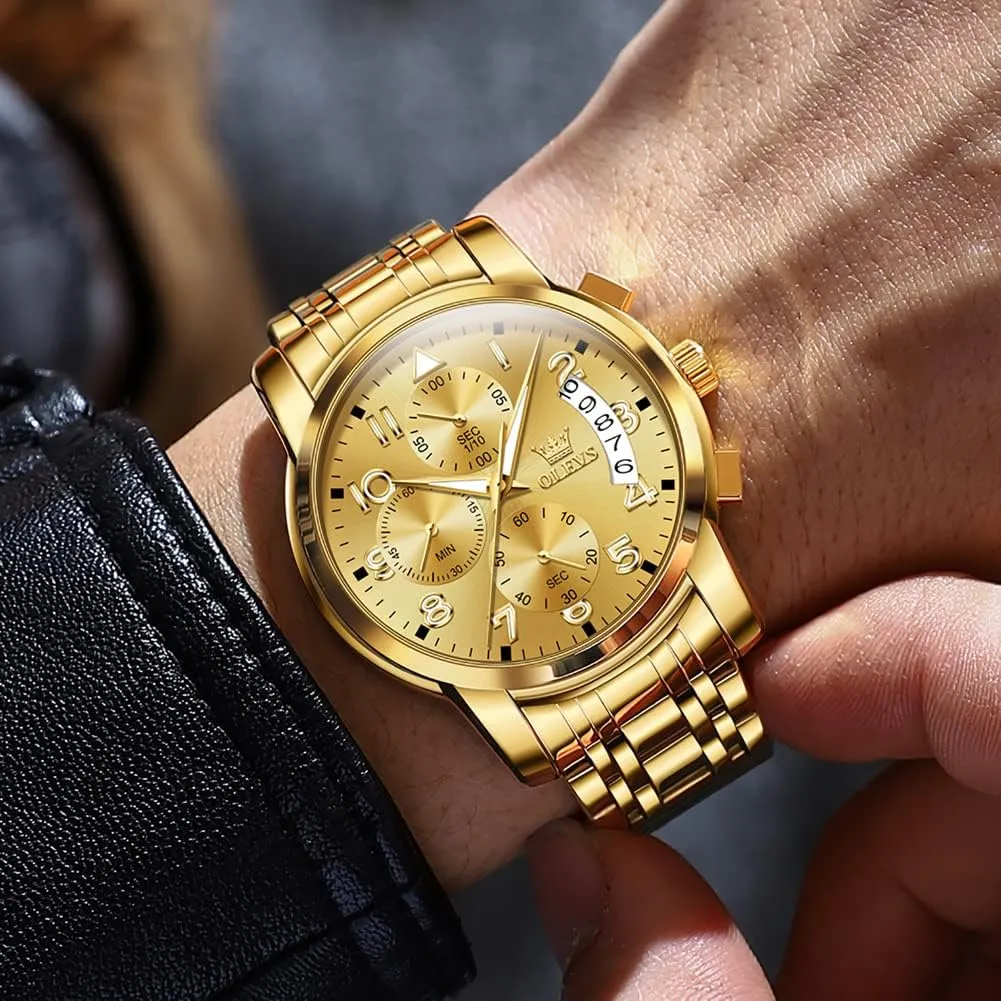 Tone Stainless Steel Man Watch Luminous Relojes De Hombre Calendar(Green/Blue/Black Dial OLEVS Watches for Men with Date Luxury Big Face Waterproof Mens Wristwatch Analog Dress selection flout Two 