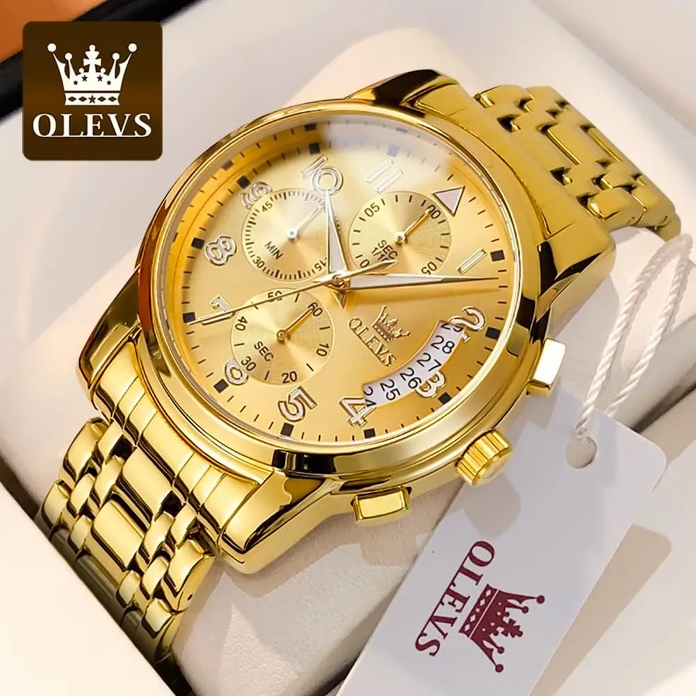 Tone Stainless Steel Man Watch Luminous Relojes De Hombre Calendar(Green/Blue/Black Dial OLEVS Watches for Men with Date Luxury Big Face Waterproof Mens Wristwatch Analog Dress selection flout Two 