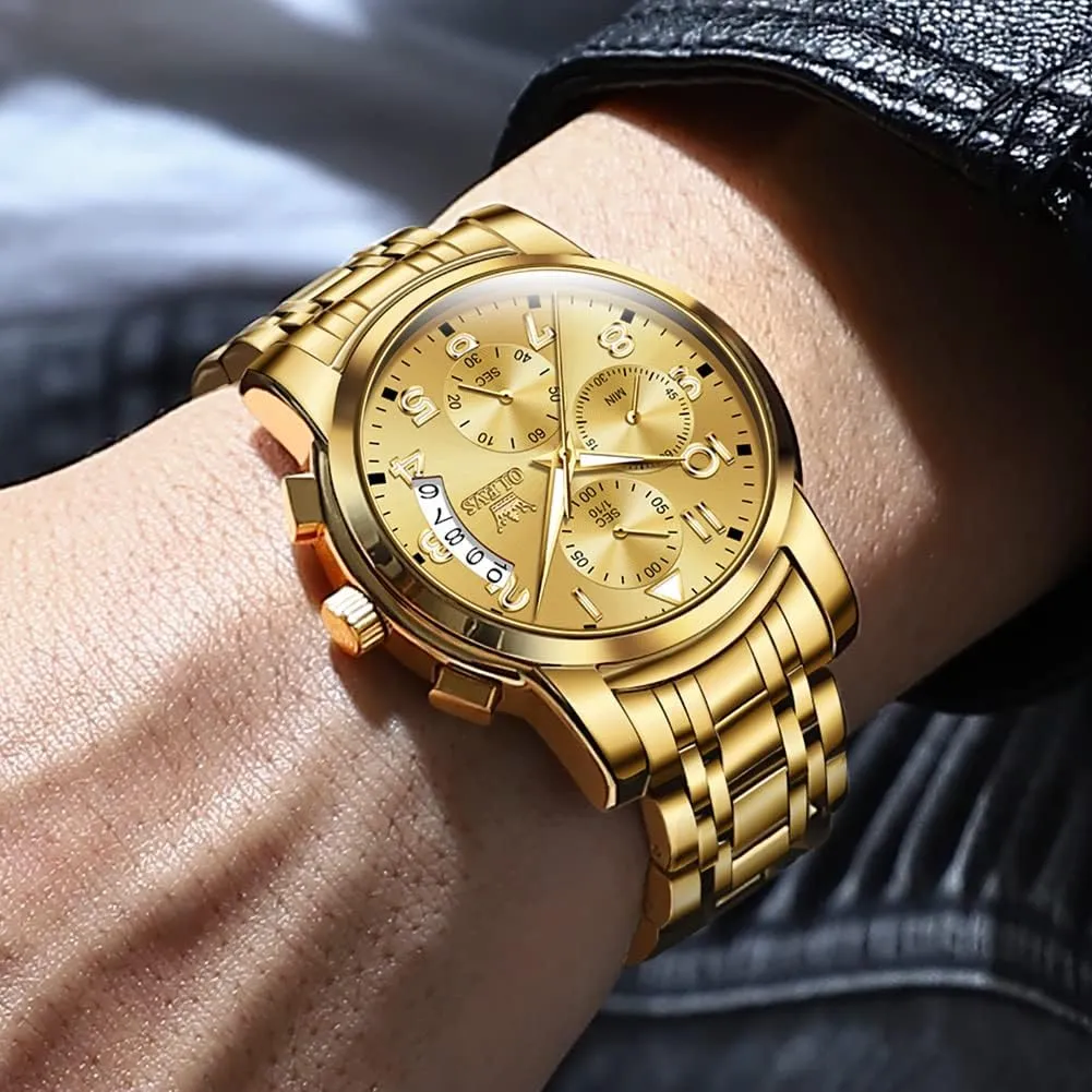 Tone Stainless Steel Man Watch Luminous Relojes De Hombre Calendar(Green/Blue/Black Dial OLEVS Watches for Men with Date Luxury Big Face Waterproof Mens Wristwatch Analog Dress selection flout Two 