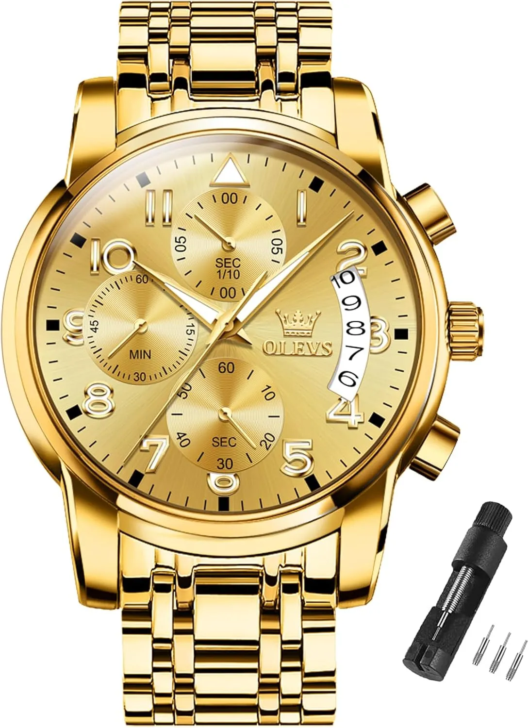 Tone Stainless Steel Man Watch Luminous Relojes De Hombre Calendar(Green/Blue/Black Dial OLEVS Watches for Men with Date Luxury Big Face Waterproof Mens Wristwatch Analog Dress selection flout Two 