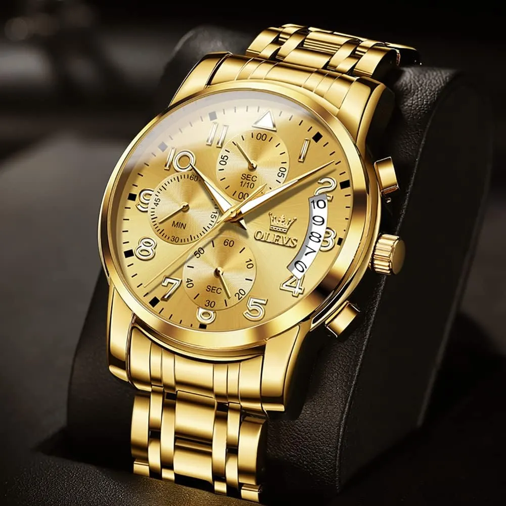 Tone Stainless Steel Man Watch Luminous Relojes De Hombre Calendar(Green/Blue/Black Dial OLEVS Watches for Men with Date Luxury Big Face Waterproof Mens Wristwatch Analog Dress selection flout Two 