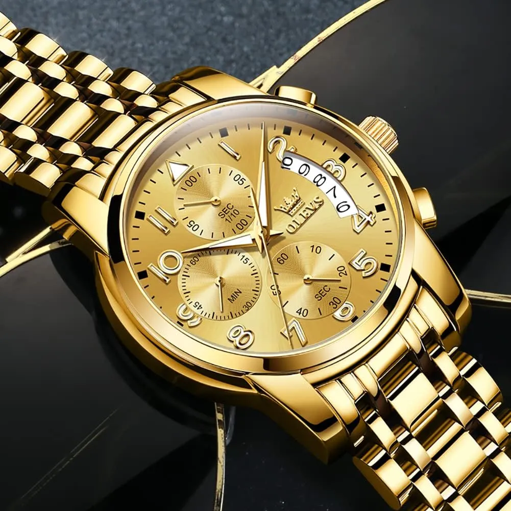 Tone Stainless Steel Man Watch Luminous Relojes De Hombre Calendar(Green/Blue/Black Dial OLEVS Watches for Men with Date Luxury Big Face Waterproof Mens Wristwatch Analog Dress selection flout Two 