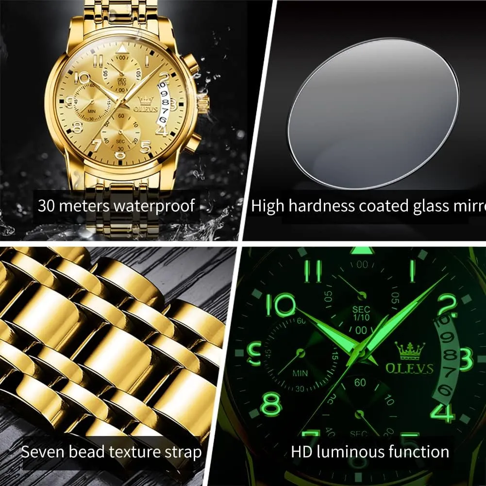 Tone Stainless Steel Man Watch Luminous Relojes De Hombre Calendar(Green/Blue/Black Dial OLEVS Watches for Men with Date Luxury Big Face Waterproof Mens Wristwatch Analog Dress selection flout Two 