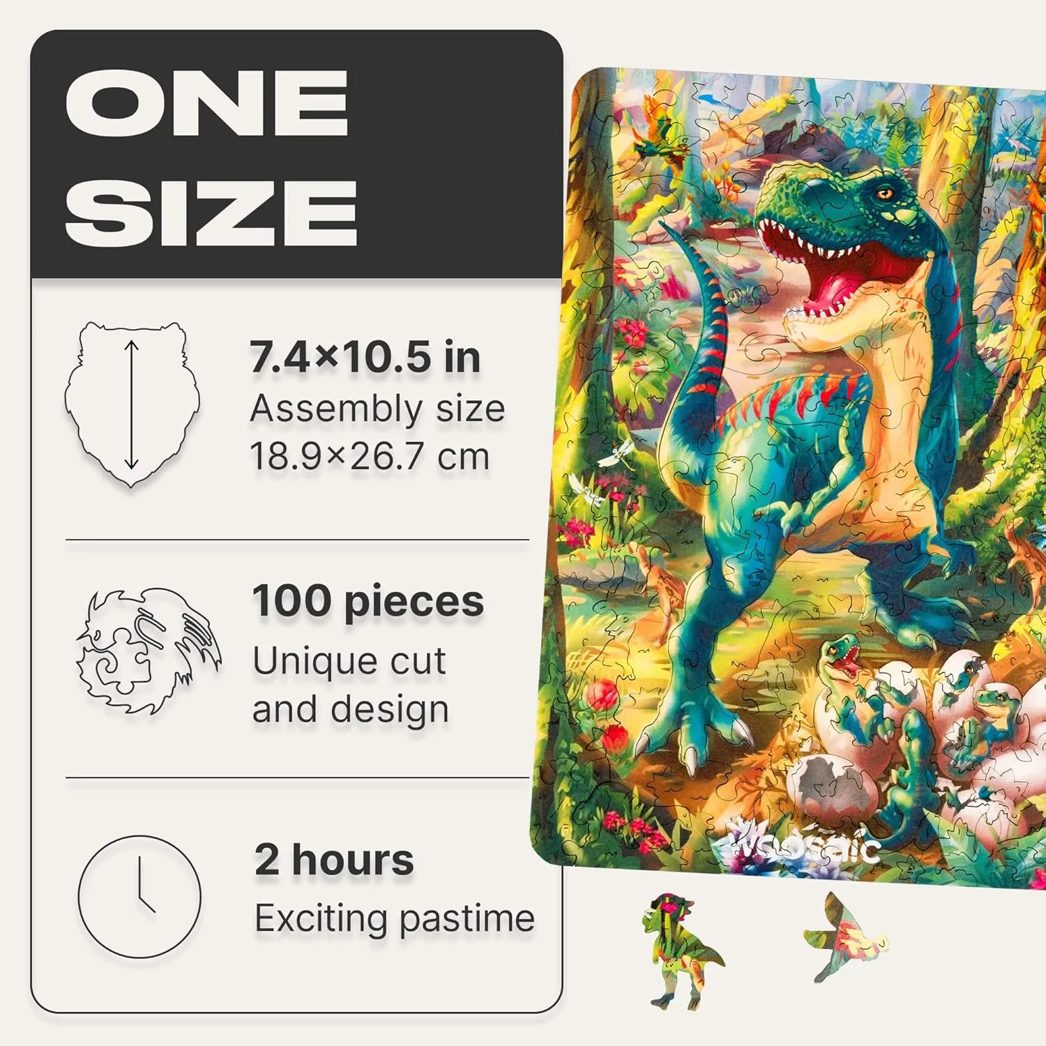 Toy, Learning Gift for Kids & Adults WOOSAIC Original Wooden Dinosaur Jigsaw Puzzle - Tyrannosaurus Rex, 100 pcs, 7,4" ?? 10,5", Smooth Wood Edges, Unique ape onion pivotal subsist prehistoric novice Dino Shaped Pieces, Includes 3D Dino 