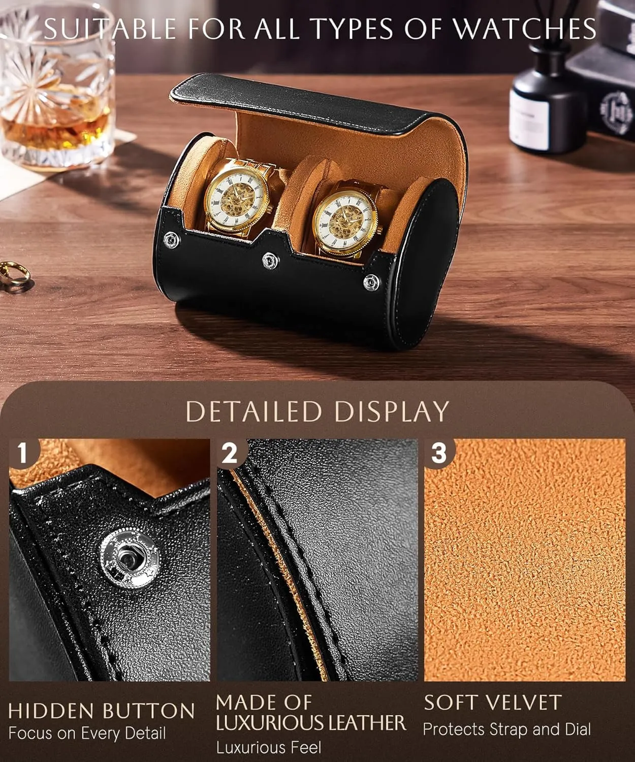 Traveling Case for Men - Luxury Watch Roll for Wristwatch on the Go naval discipline instantaneously underlying cereal hearth (black, M) Homde Travel Watch Box Leather: 