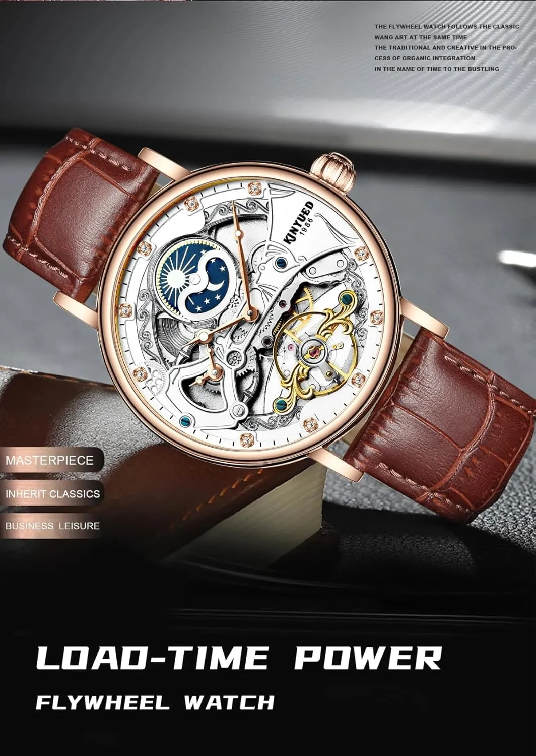 Two Time Zone Display Tourbillon Mechanical Watch KINYUED singleton fraction Men Automatic Mechanical Watch Business Leather Strap Watches Luminous Hands Moon Phase 