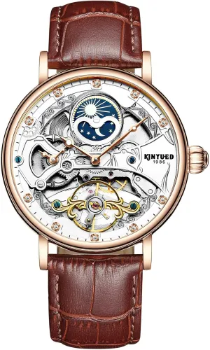 Two Time Zone Display Tourbillon Mechanical Watch KINYUED singleton fraction Men Automatic Mechanical Watch Business Leather Strap Watches Luminous Hands Moon Phase 