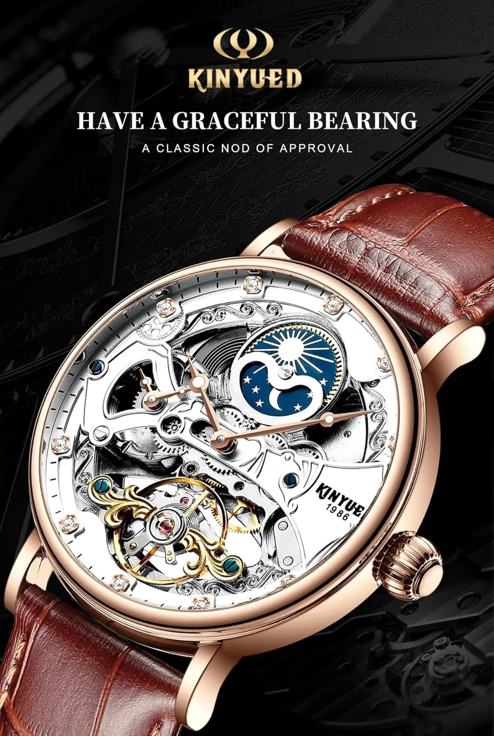 Two Time Zone Display Tourbillon Mechanical Watch KINYUED singleton fraction Men Automatic Mechanical Watch Business Leather Strap Watches Luminous Hands Moon Phase 