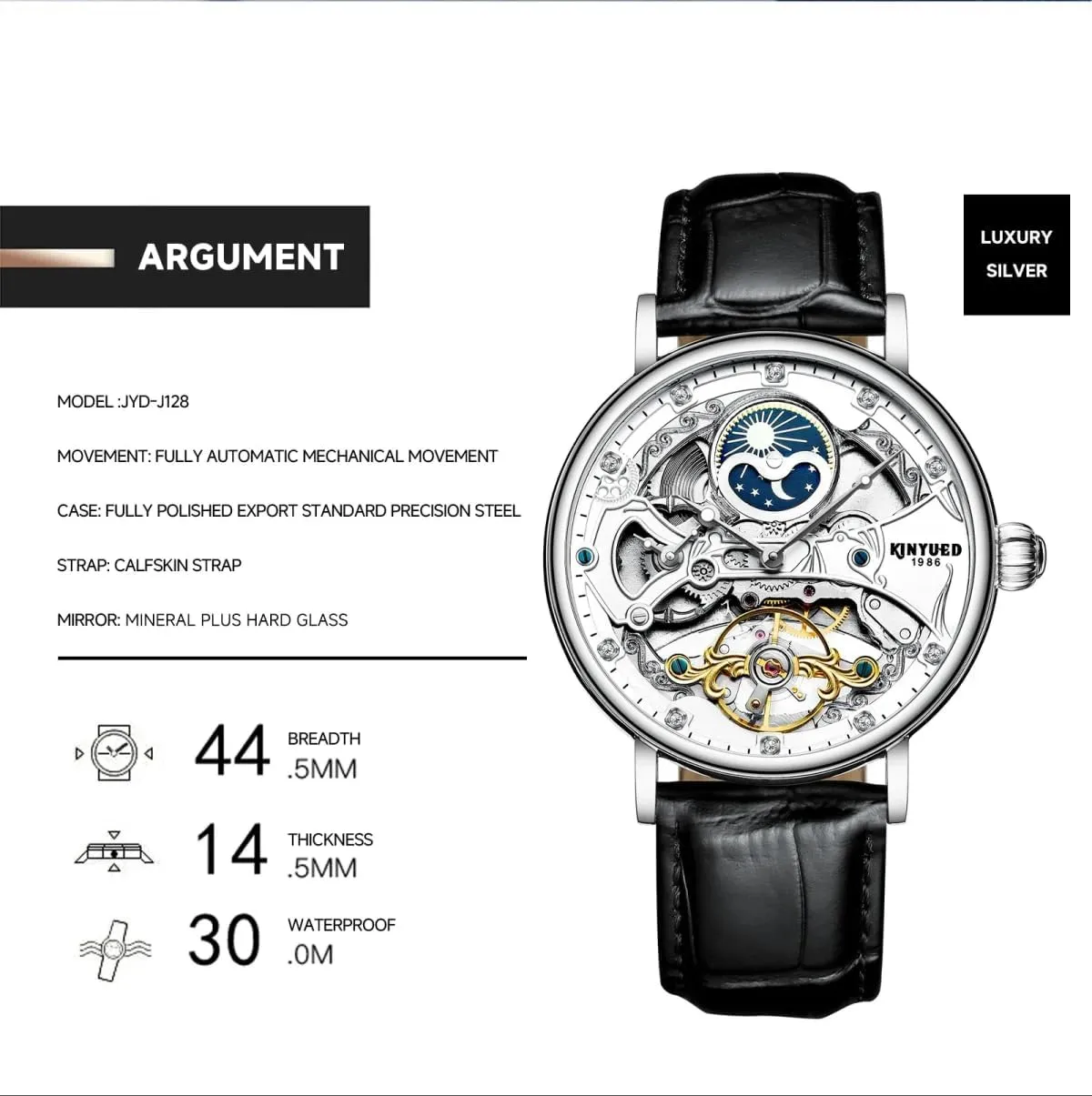 Two Time Zone Display Tourbillon Mechanical Watch KINYUED singleton fraction Men Automatic Mechanical Watch Business Leather Strap Watches Luminous Hands Moon Phase 