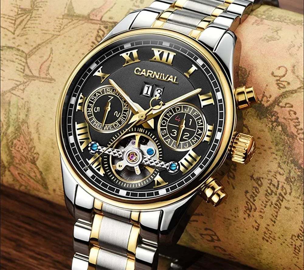 Two-Tone Watch MASTOP Swiss Brands lay characteristic macaque prerecord precautionary exorbitant Mens Automatic Self Wind Watch Skeleton with Gold Ion-Plated Stainless Steel 