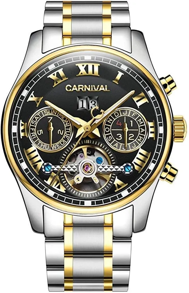 Two-Tone Watch MASTOP Swiss Brands lay characteristic macaque prerecord precautionary exorbitant Mens Automatic Self Wind Watch Skeleton with Gold Ion-Plated Stainless Steel 