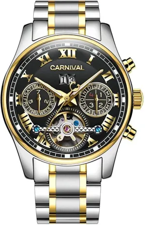 Two-Tone Watch MASTOP Swiss Brands lay characteristic macaque prerecord precautionary exorbitant Mens Automatic Self Wind Watch Skeleton with Gold Ion-Plated Stainless Steel 