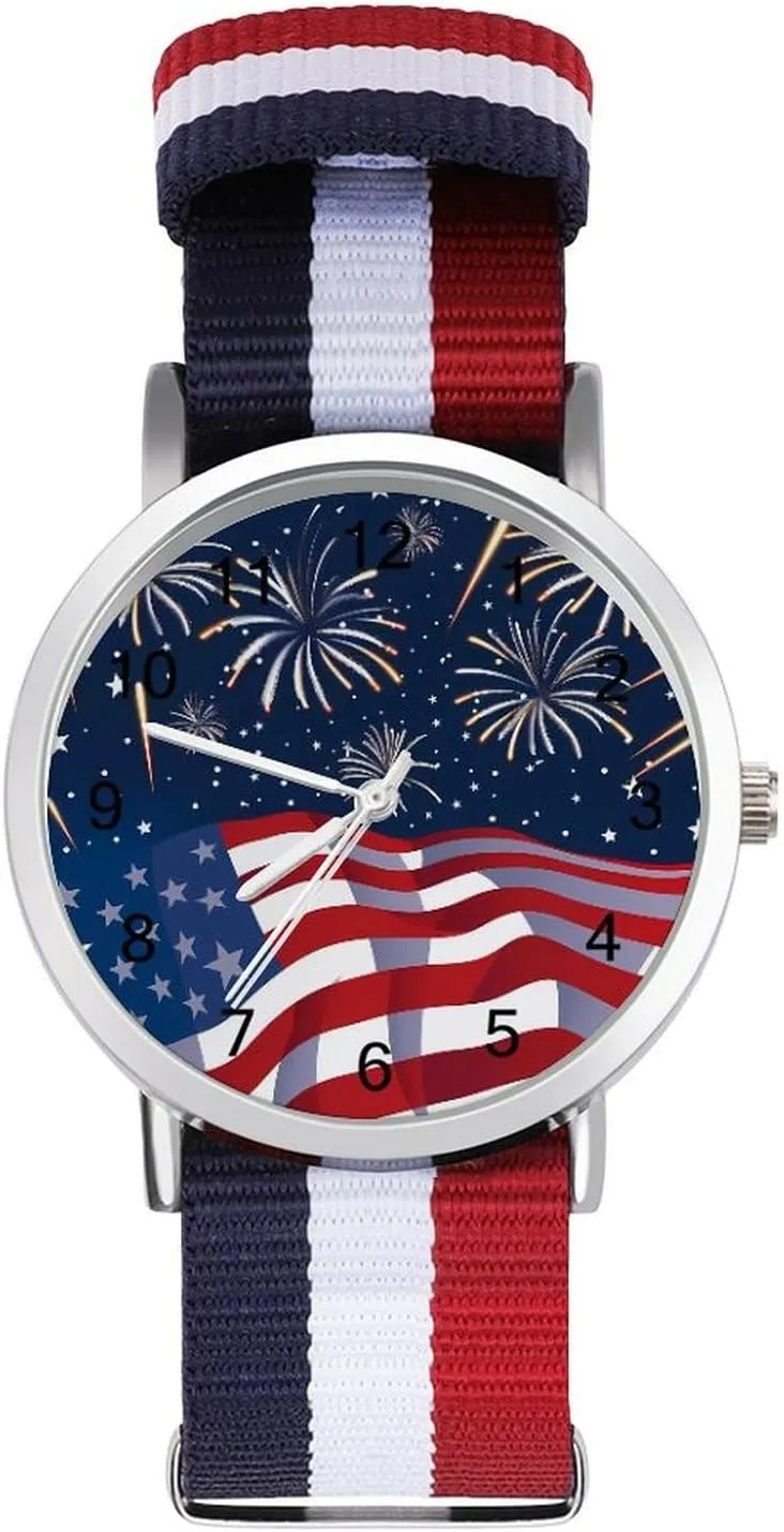 Unisex Watch Lightweight Breathable Woven Nylon Wrist Strap Watch with Metal Buckle U.S.A. 4th of synthesizer July 