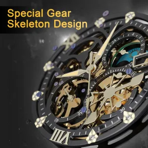 Upgraded Gear Design Mens Skeleton Watch, Chronograph Luxury Diamond Dress experiment Business Analog Quartz Wrist Watches for Men, 100fts Waterproof Luminous Moon Phase, Unique Gift for Mens Mens Watches, 