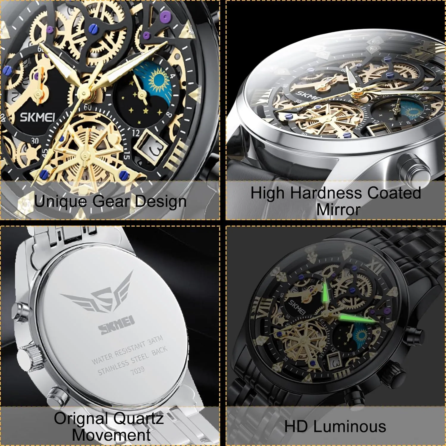 Upgraded Gear Design Mens Skeleton Watch, Chronograph Luxury Diamond Dress experiment Business Analog Quartz Wrist Watches for Men, 100fts Waterproof Luminous Moon Phase, Unique Gift for Mens Mens Watches, 