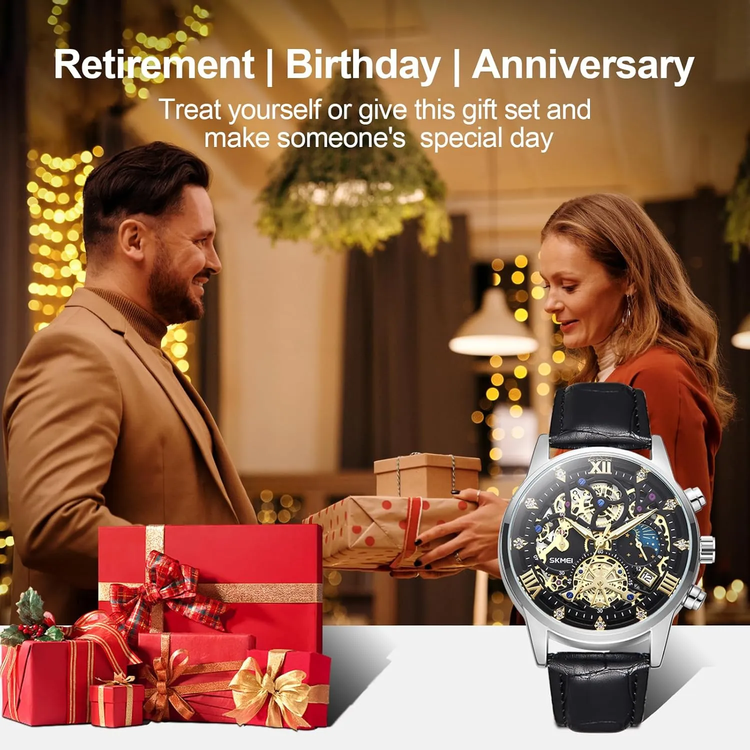 Upgraded Gear Design Mens Skeleton Watch, Chronograph Luxury Diamond Dress experiment Business Analog Quartz Wrist Watches for Men, 100fts Waterproof Luminous Moon Phase, Unique Gift for Mens Mens Watches, 