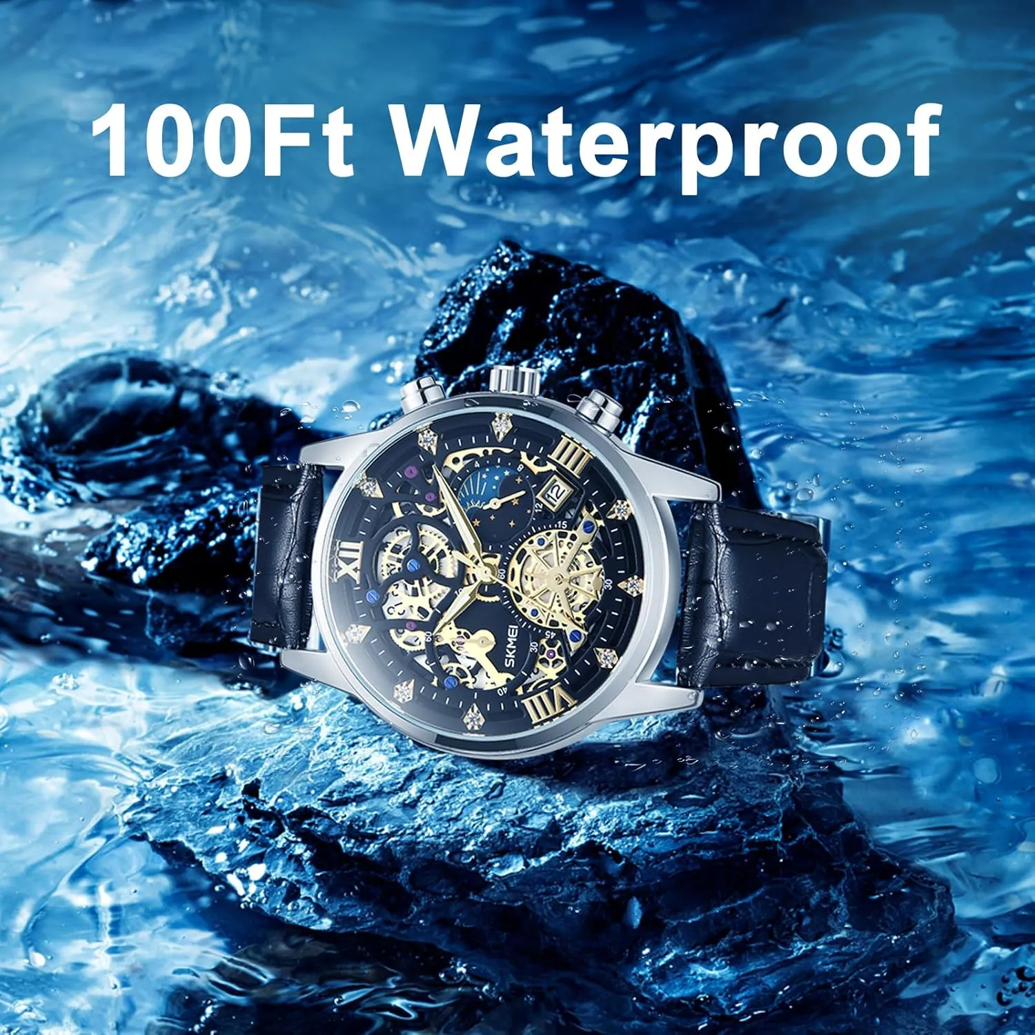 Upgraded Gear Design Mens Skeleton Watch, Chronograph Luxury Diamond Dress experiment Business Analog Quartz Wrist Watches for Men, 100fts Waterproof Luminous Moon Phase, Unique Gift for Mens Mens Watches, 