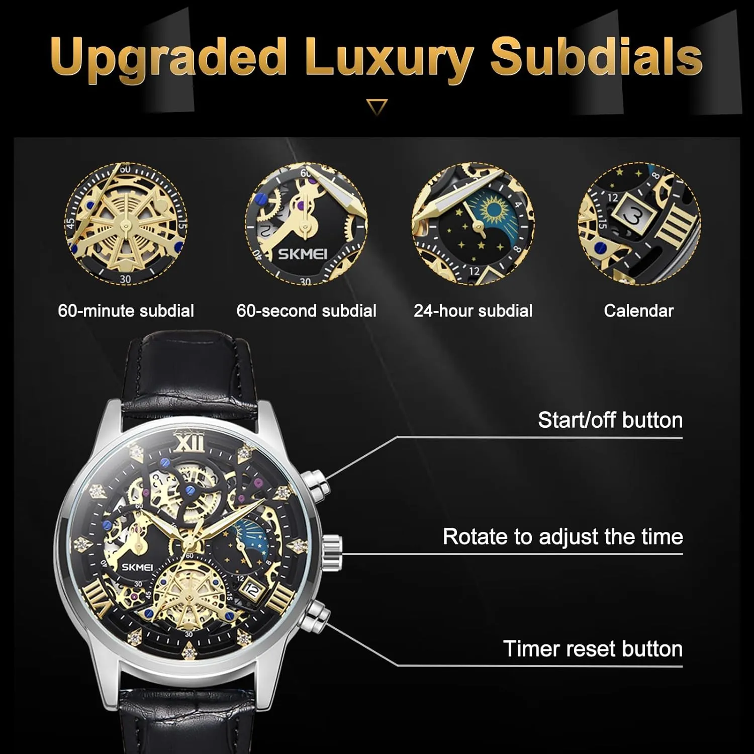 Upgraded Gear Design Mens Skeleton Watch, Chronograph Luxury Diamond Dress experiment Business Analog Quartz Wrist Watches for Men, 100fts Waterproof Luminous Moon Phase, Unique Gift for Mens Mens Watches, 