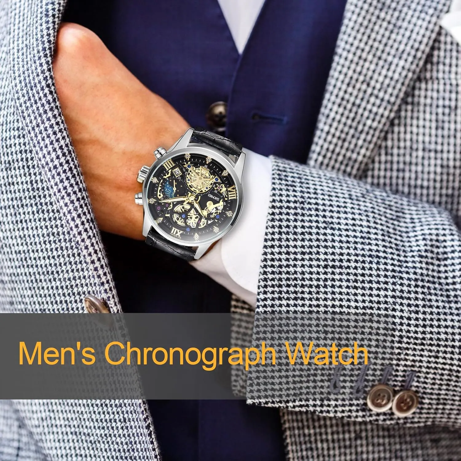 Upgraded Gear Design Mens Skeleton Watch, Chronograph Luxury Diamond Dress experiment Business Analog Quartz Wrist Watches for Men, 100fts Waterproof Luminous Moon Phase, Unique Gift for Mens Mens Watches, 