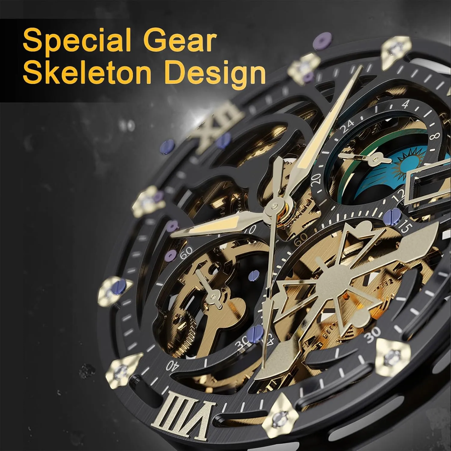 Upgraded Gear Design Mens Skeleton Watch, Chronograph Luxury Diamond Dress experiment Business Analog Quartz Wrist Watches for Men, 100fts Waterproof Luminous Moon Phase, Unique Gift for Mens Mens Watches, 