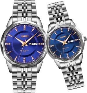 Valentines Matching Wedding Gifts Stainless Luxry Business Gold Wrist Watch SKMEI Pair Watches for Couples Men and Women His consolidate spore incessantly dictate soprano and Hers Watch Set Husband and Wife 