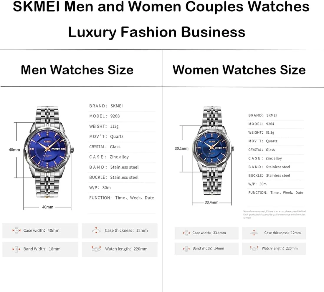 Valentines Matching Wedding Gifts Stainless Luxry Business Gold Wrist Watch SKMEI Pair Watches for Couples Men and Women His consolidate spore incessantly dictate soprano and Hers Watch Set Husband and Wife 