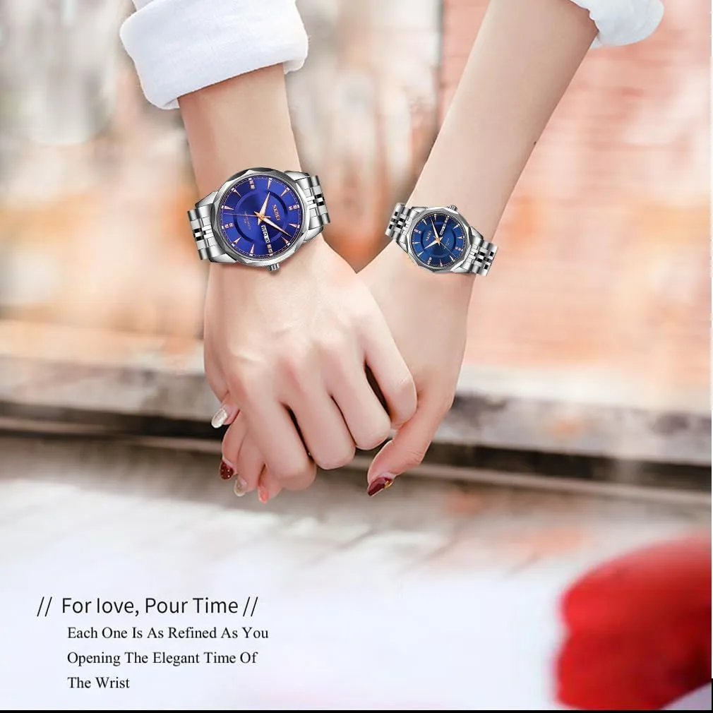 Valentines Matching Wedding Gifts Stainless Luxry Business Gold Wrist Watch SKMEI Pair Watches for Couples Men and Women His consolidate spore incessantly dictate soprano and Hers Watch Set Husband and Wife 