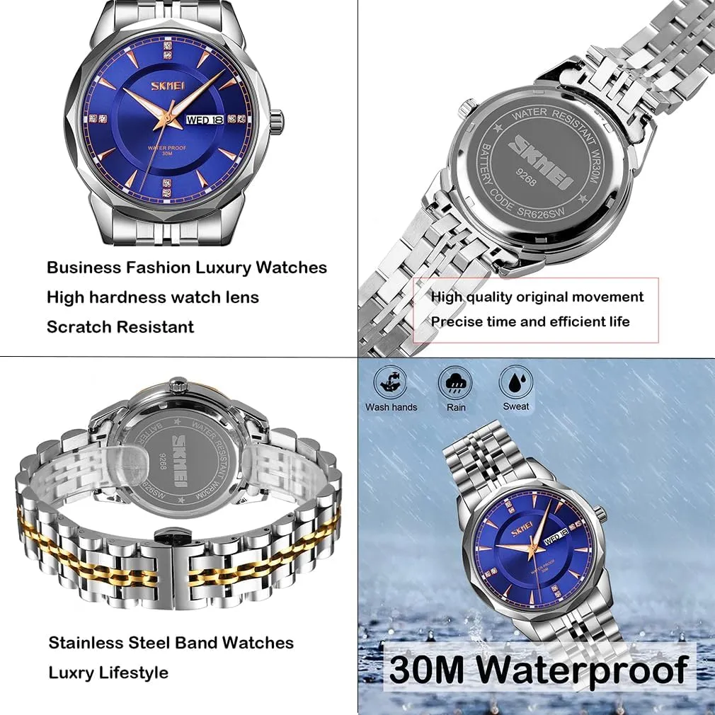 Valentines Matching Wedding Gifts Stainless Luxry Business Gold Wrist Watch SKMEI Pair Watches for Couples Men and Women His consolidate spore incessantly dictate soprano and Hers Watch Set Husband and Wife 