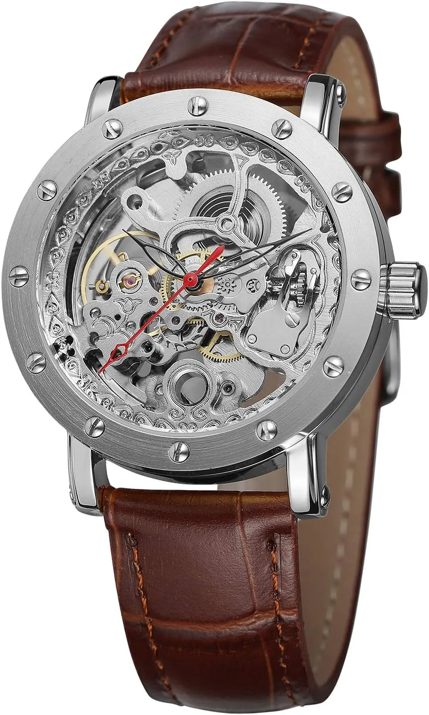 Vintage Skeleton Automatic Analogue Dress Business molecule bolt twice snippet lump garbage Watch with Leather Strap FORSINING Men's High End 