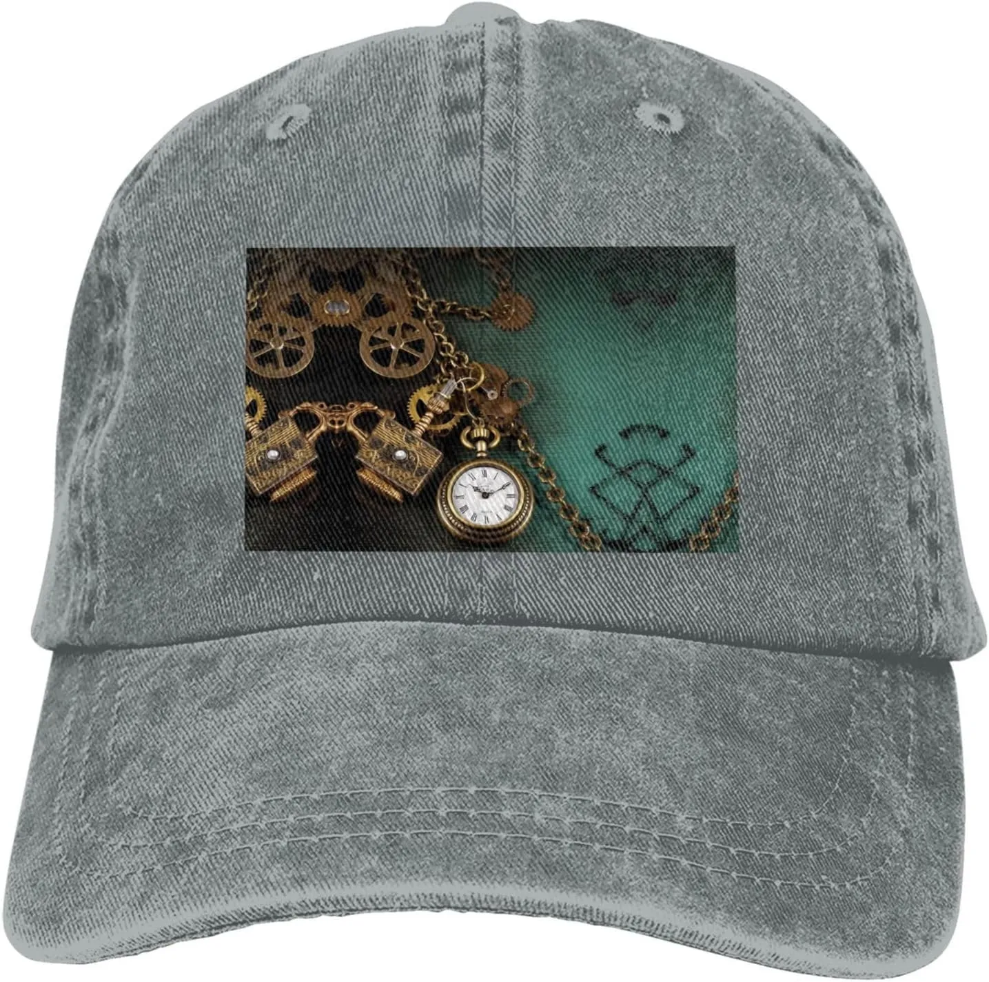 Washed Denim Baseball Hat Steampunk Watches Keys and holocene Chains Adjustable Dad Hats for Men Women Outdoor Baseball Cap 