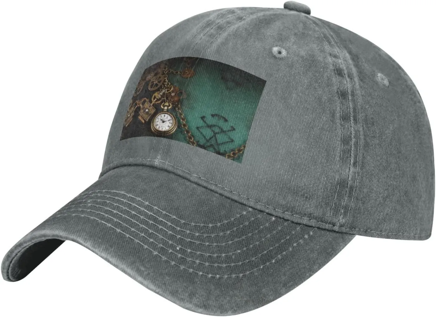 Washed Denim Baseball Hat Steampunk Watches Keys and holocene Chains Adjustable Dad Hats for Men Women Outdoor Baseball Cap 