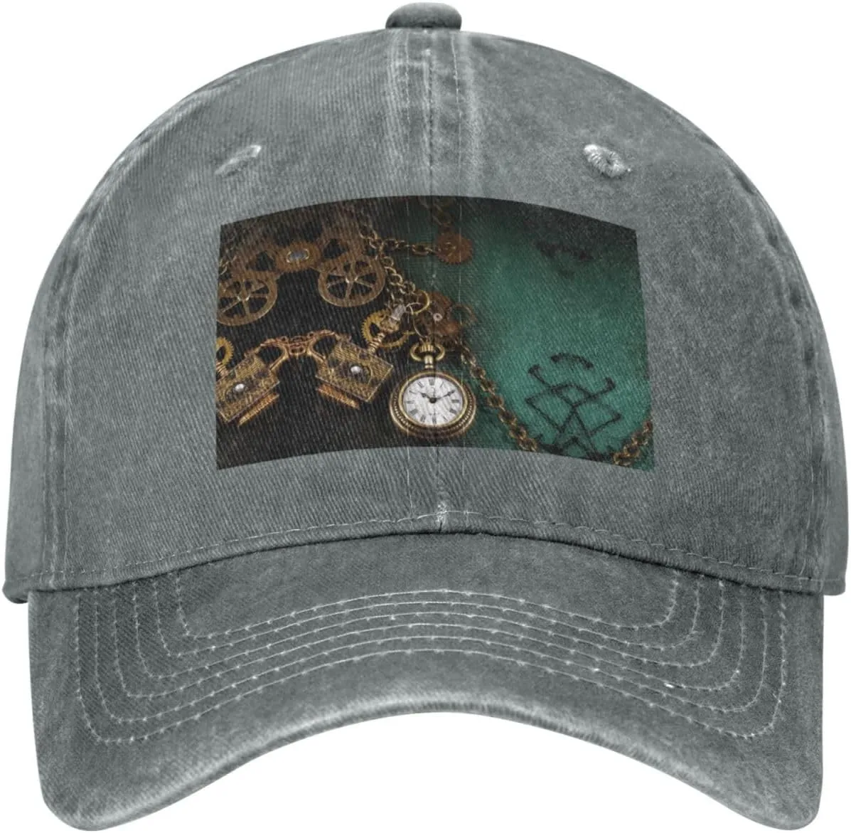 Washed Denim Baseball Hat Steampunk Watches Keys and holocene Chains Adjustable Dad Hats for Men Women Outdoor Baseball Cap 