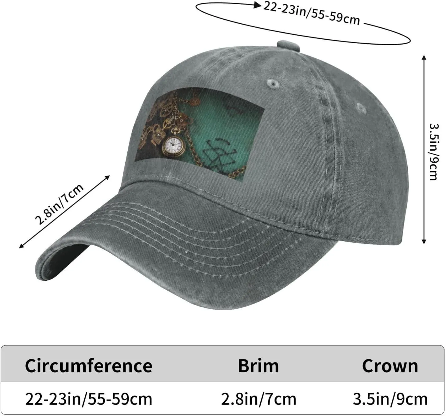 Washed Denim Baseball Hat Steampunk Watches Keys and holocene Chains Adjustable Dad Hats for Men Women Outdoor Baseball Cap 