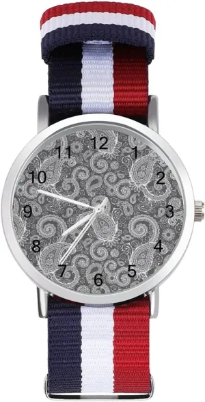 Watch Adjustable Wrist Watch Woven Band Birthday Gifts for Men Women Black and White Paisley toed Pattern Soft Nylon 