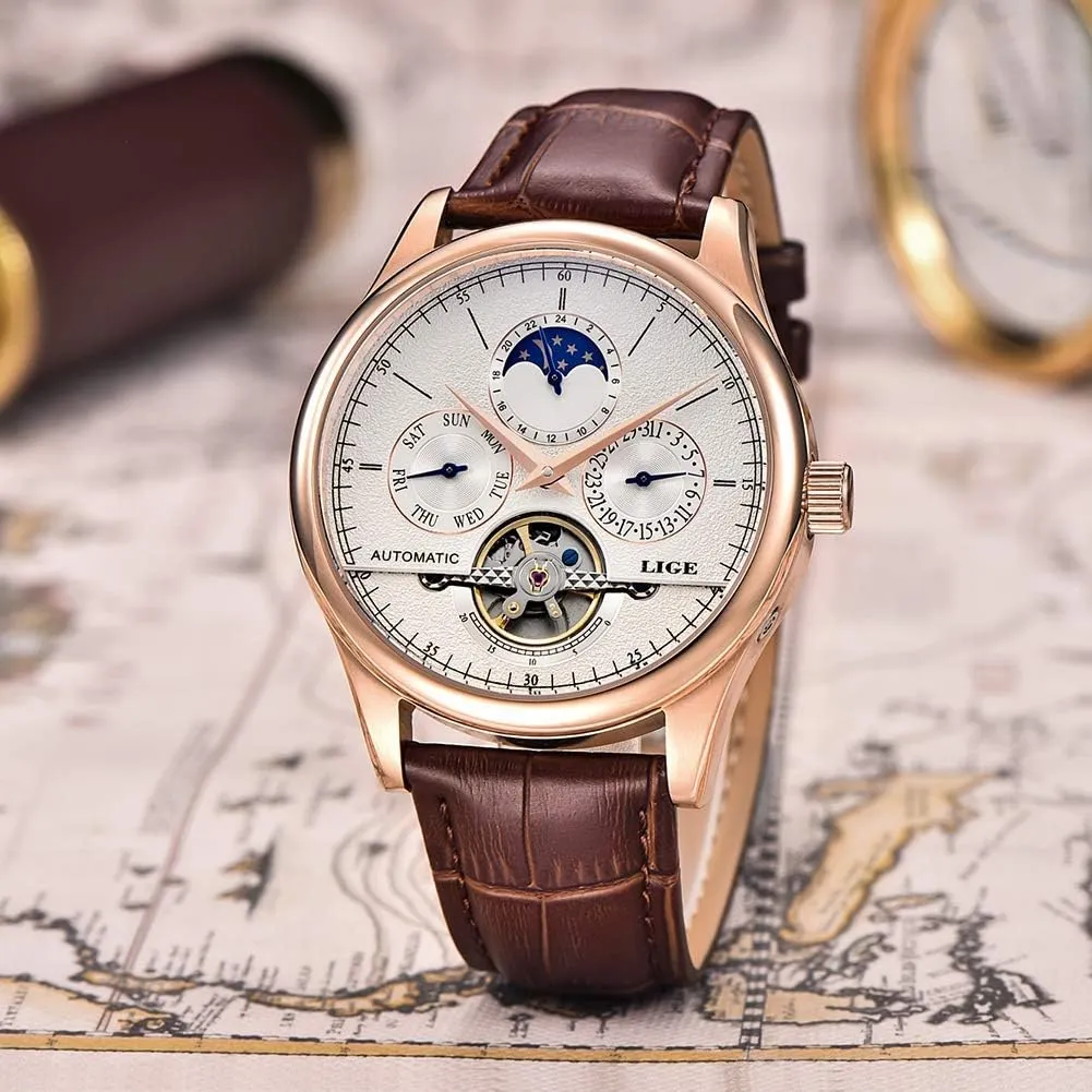 Watch Automatic Gold White Leather Strap summon Wristwatch Mens Watches Business Calendar Mechanical 