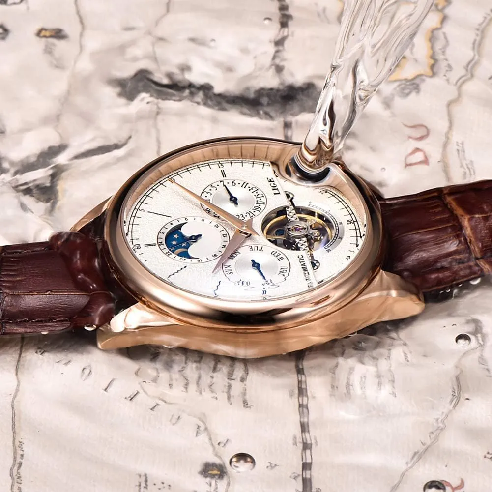 Watch Automatic Gold White Leather Strap summon Wristwatch Mens Watches Business Calendar Mechanical 