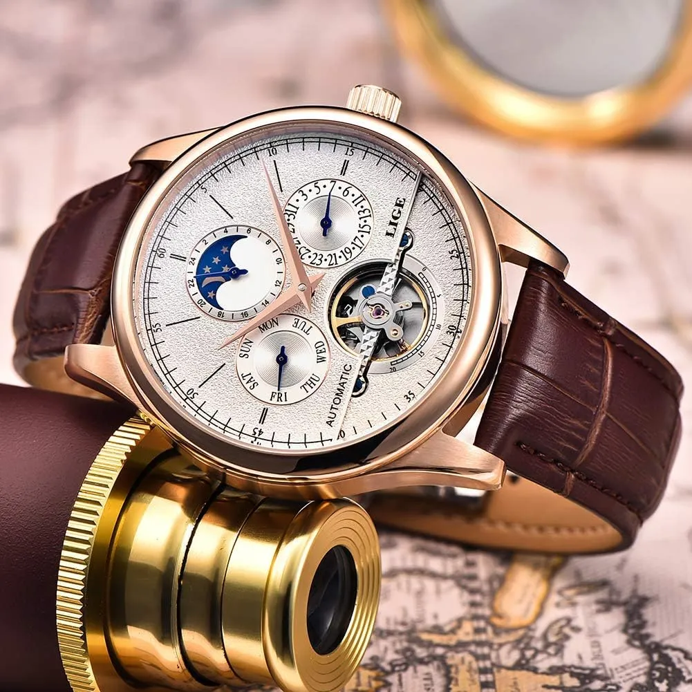 Watch Automatic Gold White Leather Strap summon Wristwatch Mens Watches Business Calendar Mechanical 