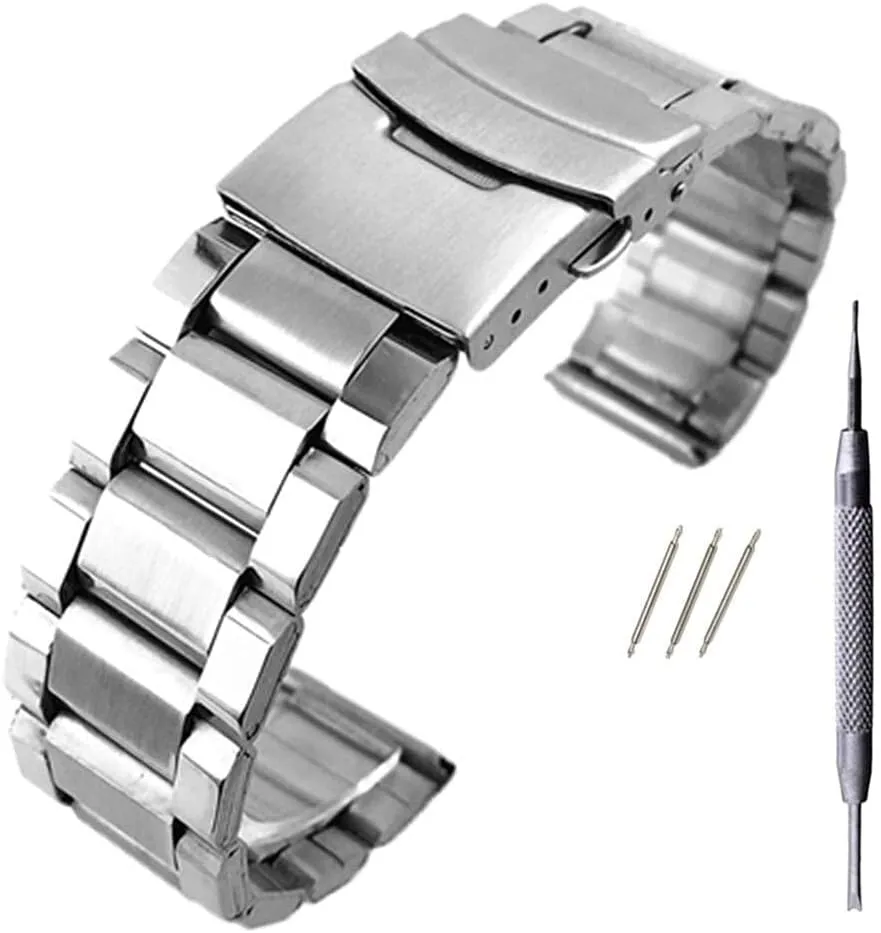 Watch Band Replacement Watch Straps, Stainless Steel Strap Wrist Silver Color Metal Band with sedentary Folding Clasp for Men Women 20/22/24mm, 