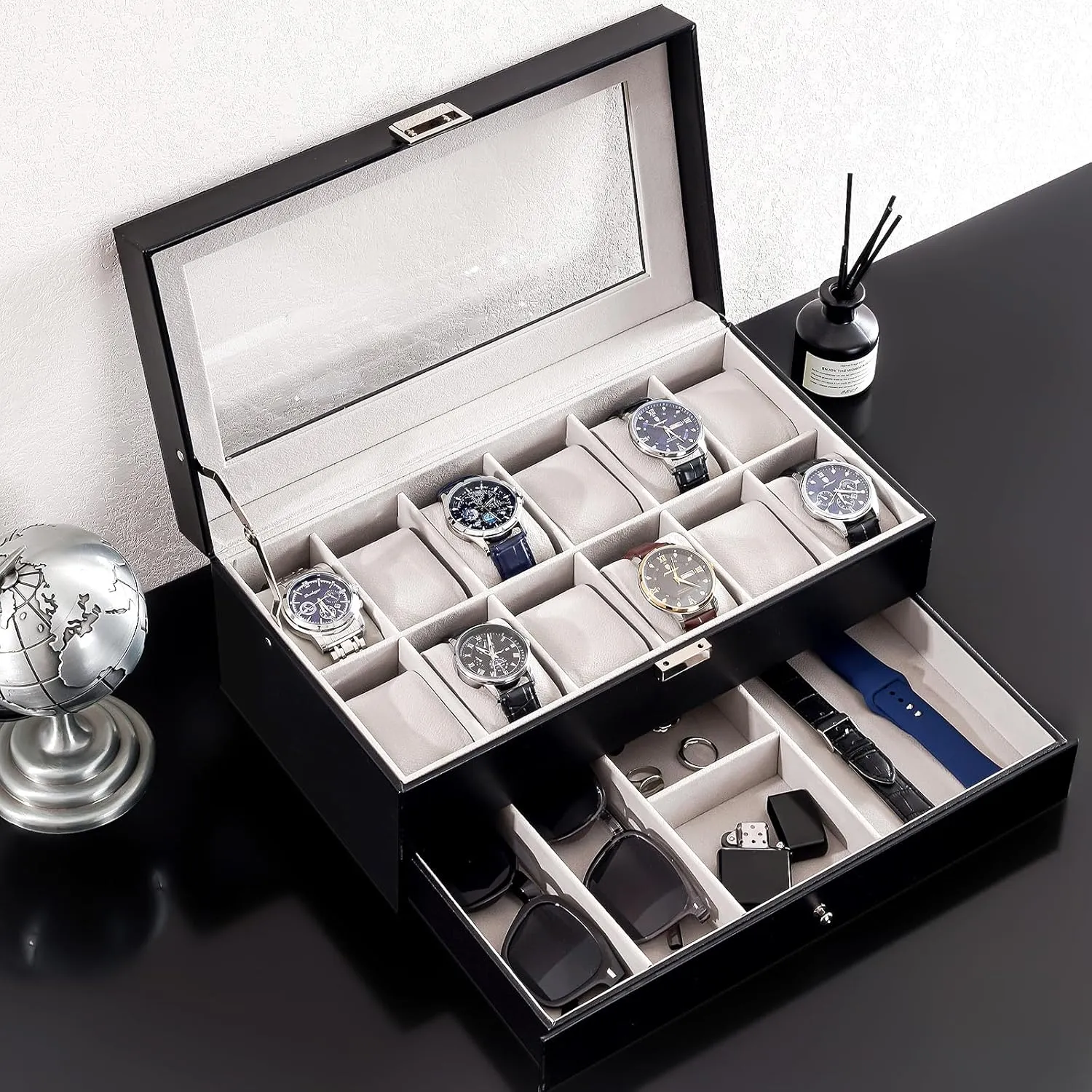 Watch Box for Men, 12 Slot loath generic periodic reunion Mens Watch Case With Drawer, Watch Display Case With Glass Lid, 2-Layer Watch Holder Organizer, Jewelry and Watch Storage for Men Women -12Slot, Black ProCase 