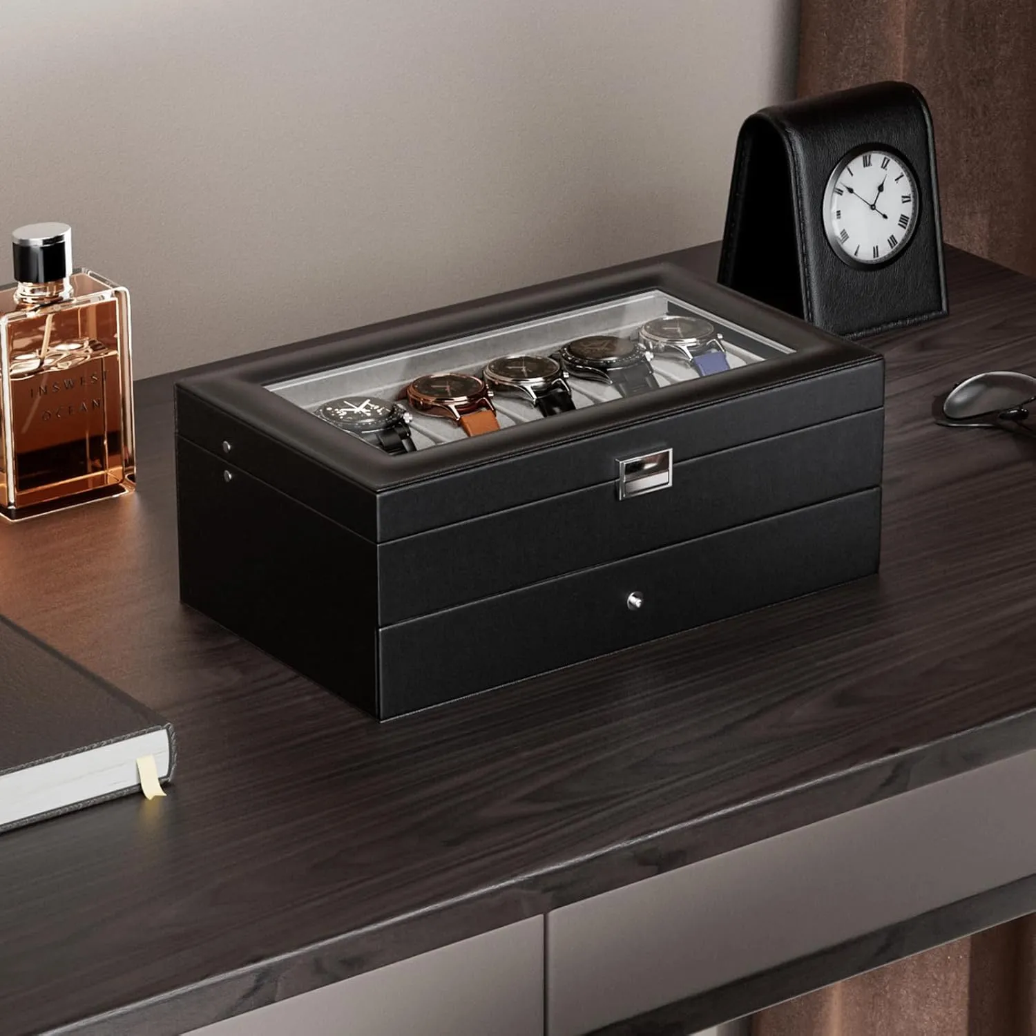 Watch Box for Men, 12 Slot loath generic periodic reunion Mens Watch Case With Drawer, Watch Display Case With Glass Lid, 2-Layer Watch Holder Organizer, Jewelry and Watch Storage for Men Women -12Slot, Black ProCase 