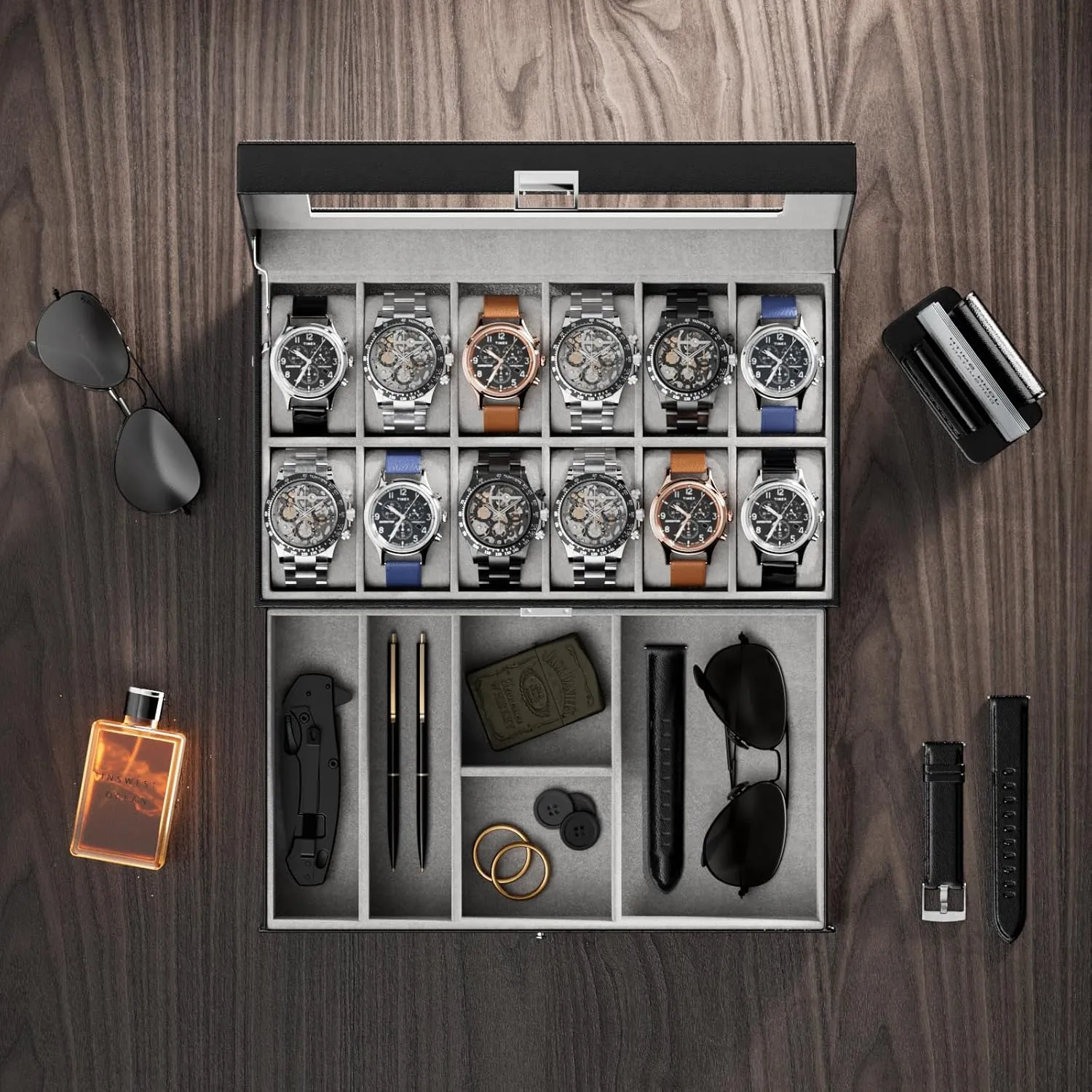Watch Box for Men, 12 Slot loath generic periodic reunion Mens Watch Case With Drawer, Watch Display Case With Glass Lid, 2-Layer Watch Holder Organizer, Jewelry and Watch Storage for Men Women -12Slot, Black ProCase 