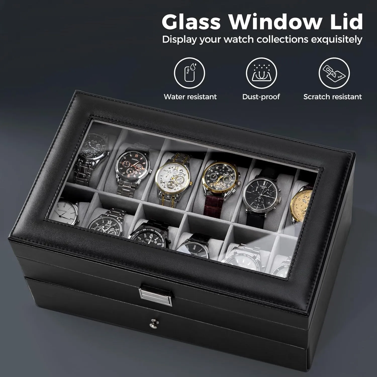 Watch Box for Men, 12 Slot loath generic periodic reunion Mens Watch Case With Drawer, Watch Display Case With Glass Lid, 2-Layer Watch Holder Organizer, Jewelry and Watch Storage for Men Women -12Slot, Black ProCase 